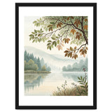 Tranquil Lakeside Forest Watercolor Painting with Overhanging Autumn Branches and Misty Mountain Reflection thumbnail