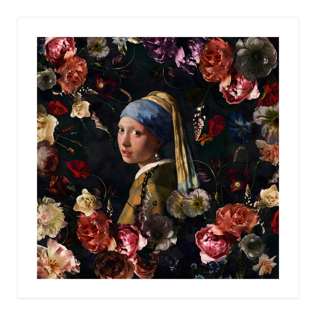 Girl With Pearl Earring And Flowers (Print Only)