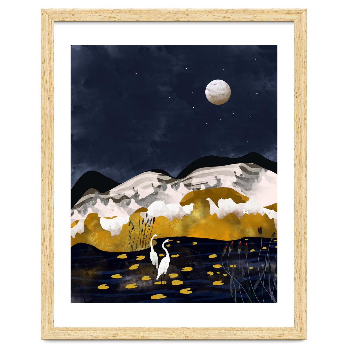 Midnight Lake, Stork Wildlife Animals Abstract Painting, Nature Landscape Travel Adventure Full Moon Night, Eclectic Gold Birds Magical Bohemian