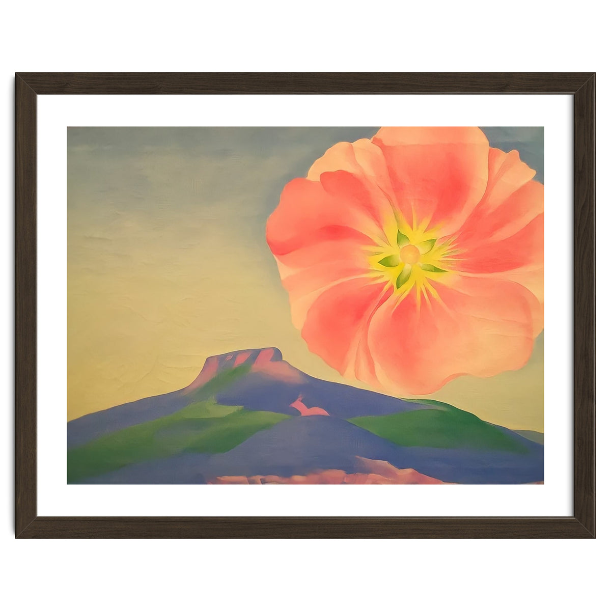 Georgia O’Keeffe – Hollyhock Pink with Pedernal (1937) | Vibrant Modernist Floral Landscape of New Mexico