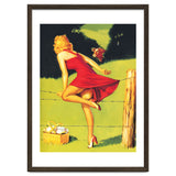 Pinup Girl In Red Dress Crossing The Barbed Wire While Looking At The Bull thumbnail