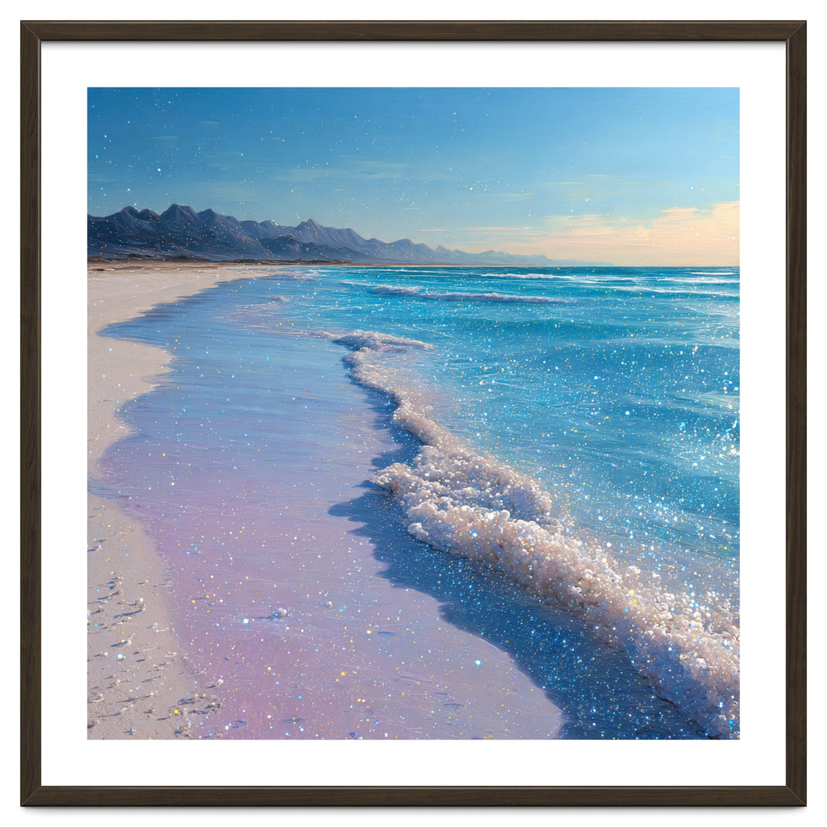 Sparkling Pastel Shoreline with Glittering Turquoise Waves