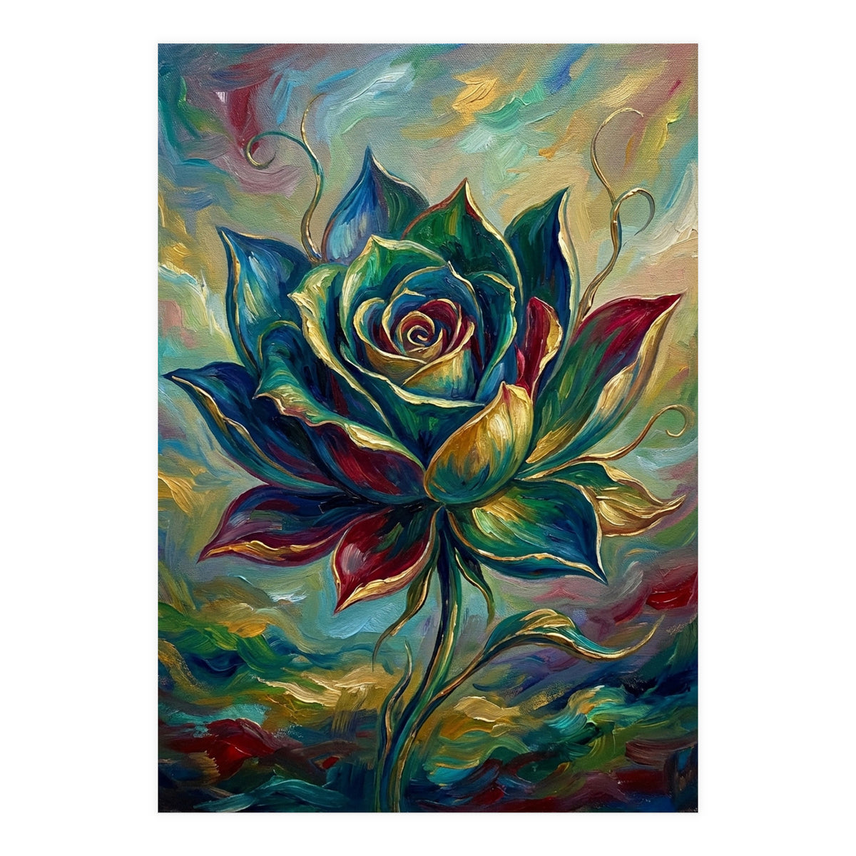 Enchanted Teal and Gold Rose Impasto Oil Painting (Print Only)