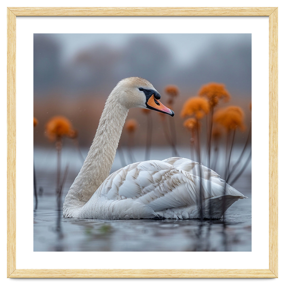 White Swan Swimming In A Lake With Reeds