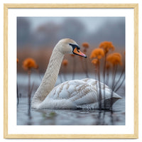 White Swan Swimming In A Lake With Reeds