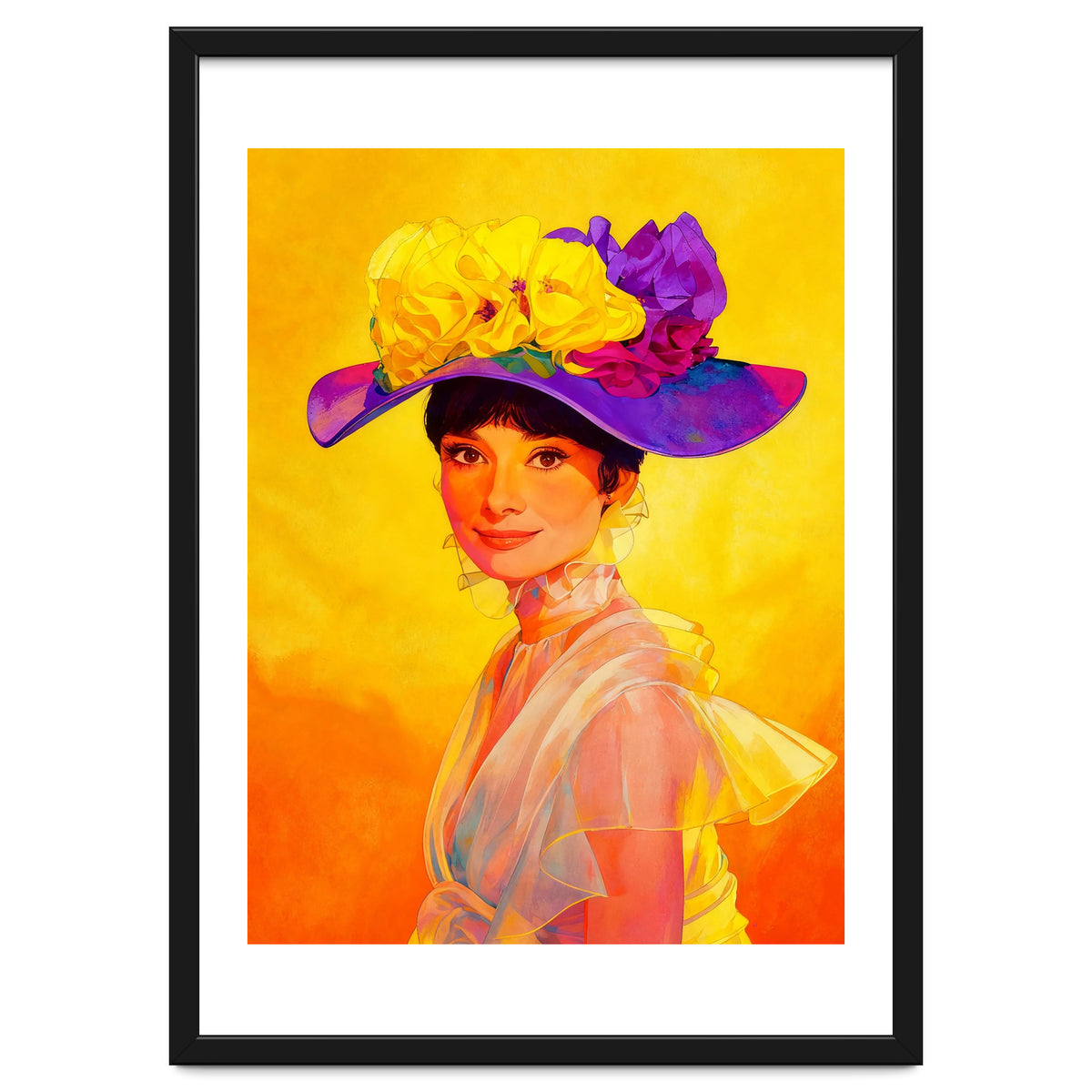 Audrey Hepburn Pop Art, Vibrant Floral Hat Portrait, Iconic Movie Star Illustration