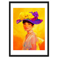 Audrey Hepburn Pop Art, Vibrant Floral Hat Portrait, Iconic Movie Star Illustration