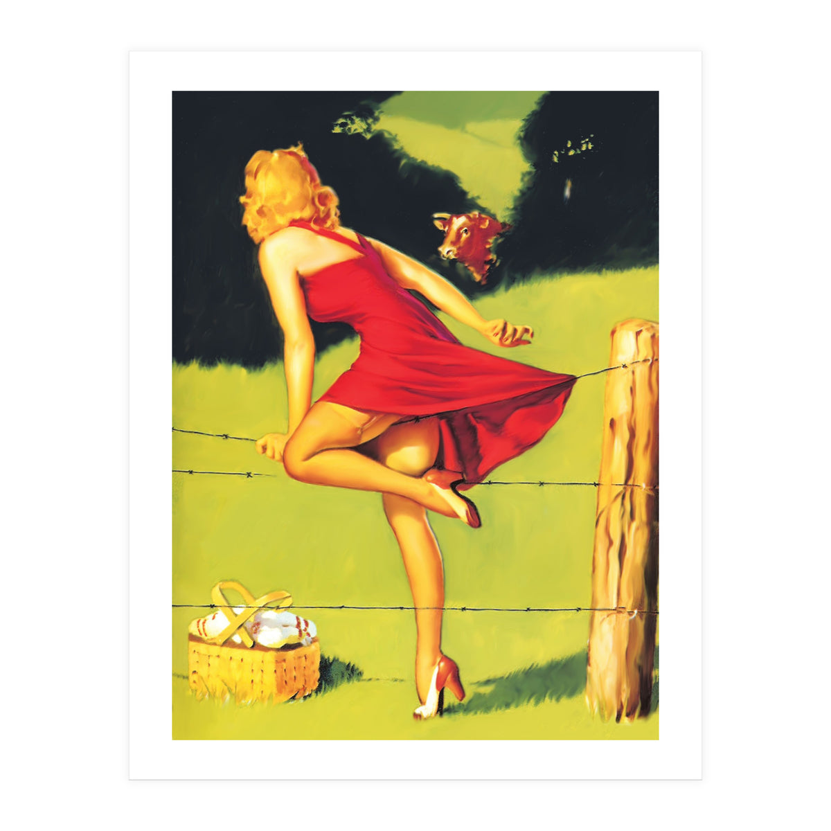 Pinup Girl In Red Dress Crossing The Barbed Wire While Looking At The Bull (Print Only)