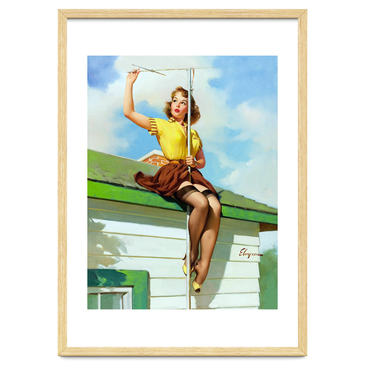 Pinup Sexy Girl Setting Up The Antenna On The Roof