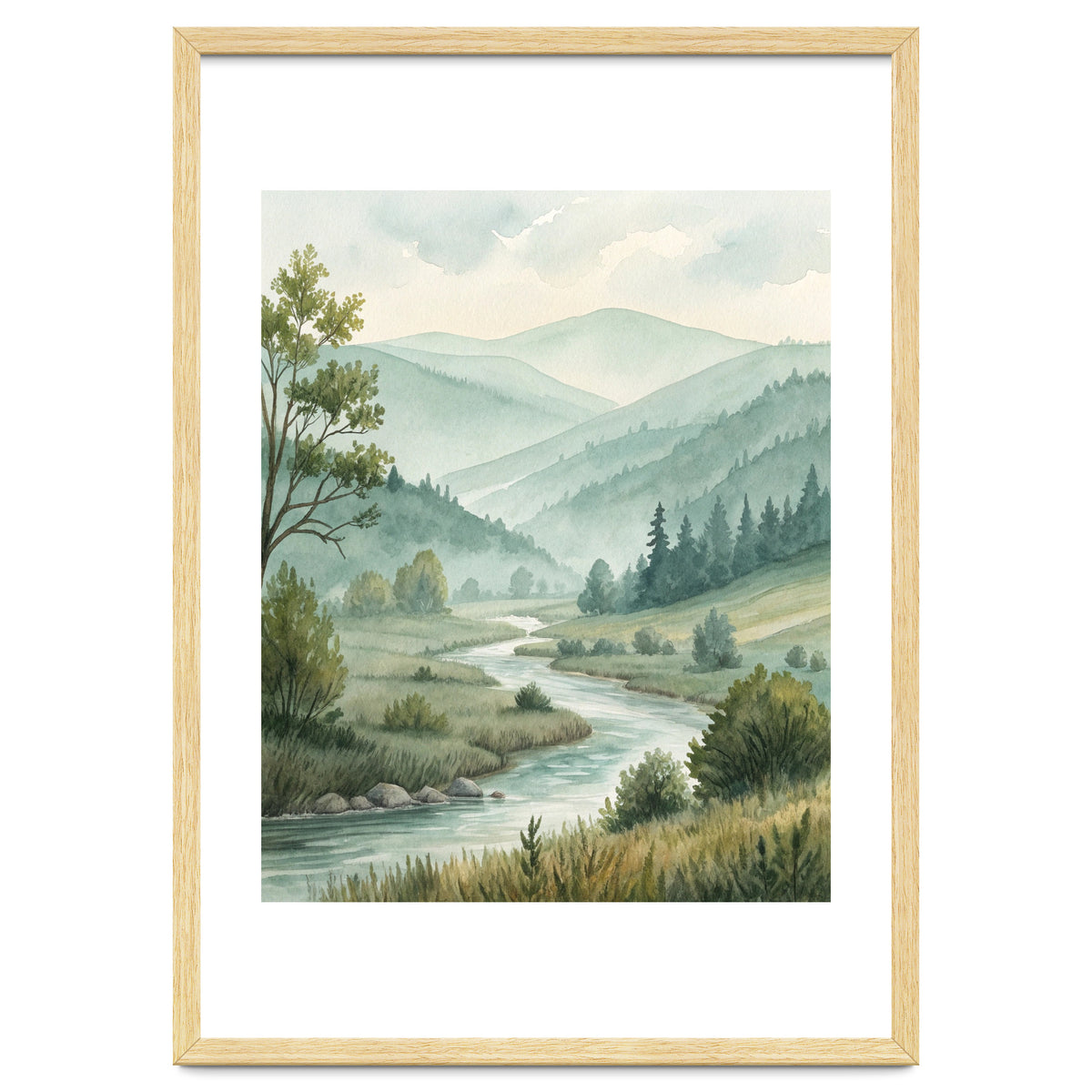 Serene River Valley in Soft Watercolor