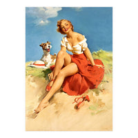 Sexy Pinup Girl On The Beach With Her Dog (Print Only)