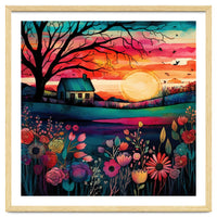 Watercolor Folk Art Sunset Landscape