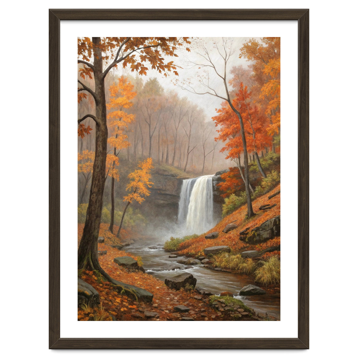Serene Autumn Waterfall in Misty Forest