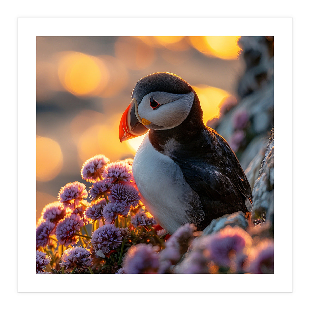 Puffin Bird Amidst Purple Flowers Golden Hour (Print Only)