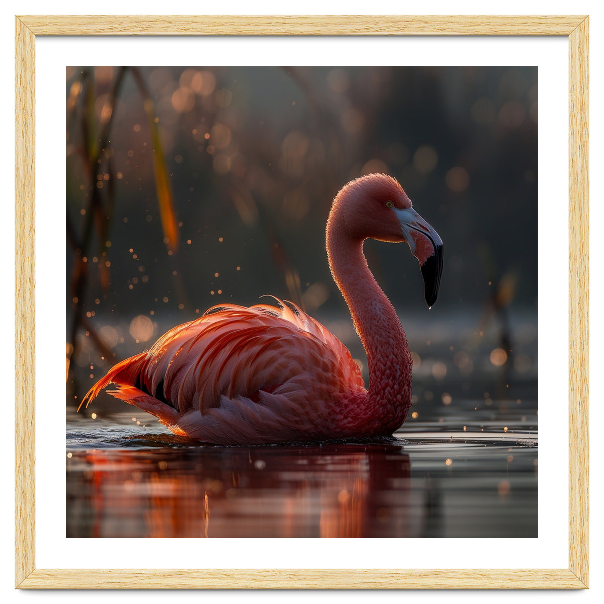 Pink Flamingo Swimming In Sunlight Water