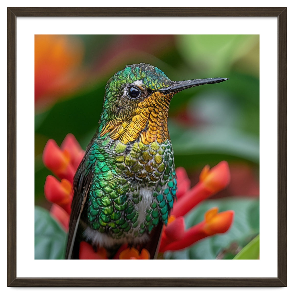 Close Up Of A Hummingbird On Red Flowers
