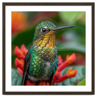 Close Up Of A Hummingbird On Red Flowers