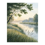 Serene River Sunrise Watercolor Painting with Meadow Grasses and Warm Golden Atmosphere Landscape (Print Only) thumbnail