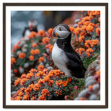 Atlantic Puffin Bird Perched On Orange Flowers thumbnail