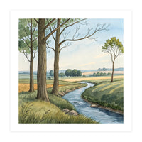Pastoral Countryside Watercolor Painting with Winding Stream Meadows and Deciduous Trees Landscape (Print Only)