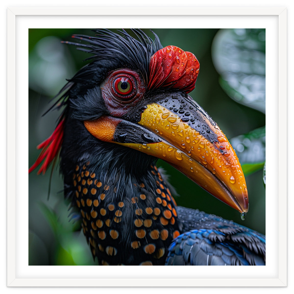 Close Up Of Helmeted Hornbill Bird In Rain