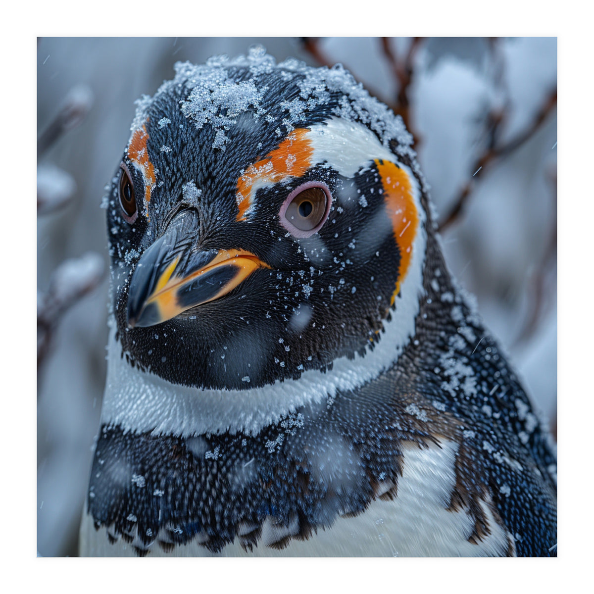 Penguin In Snow Falling Close Up Portrait (Print Only)