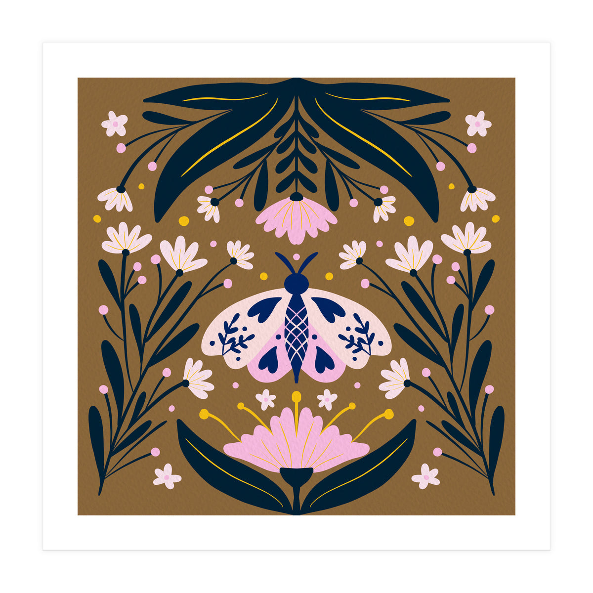 Pink Moth with Flowers on a brown background (Print Only)