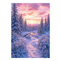 Winter Sunset Glow: Serene Snowy Forest and Frozen Creek (Print Only)