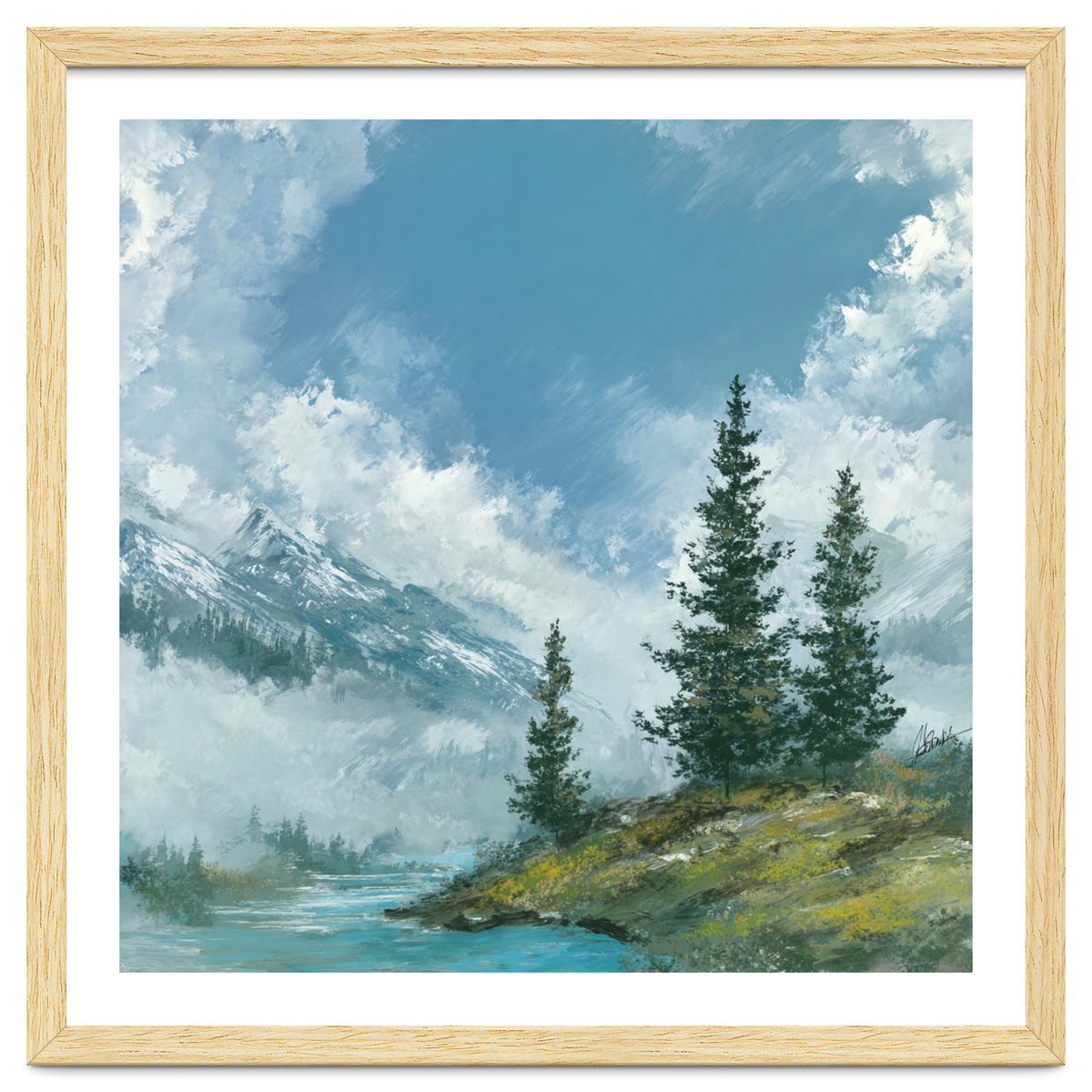 Ethereal Alpine River Valley with Snow-Capped Mountains