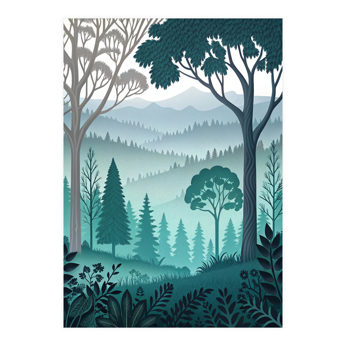 Vibrant Silhouettes in the Misty Teal Highlands (Print Only)
