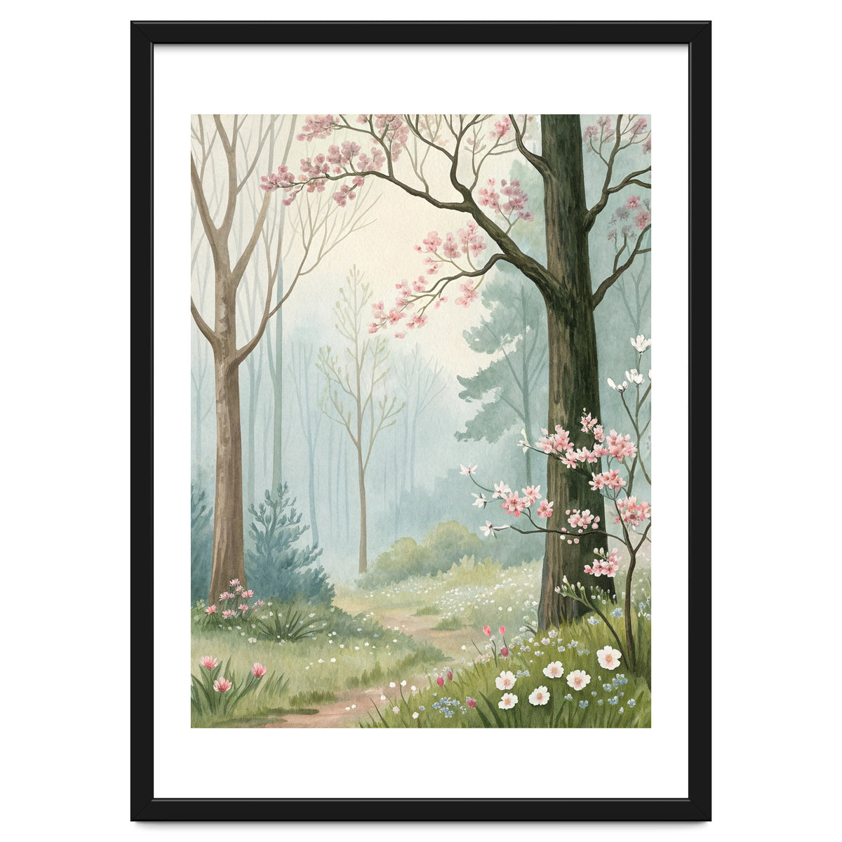 Enchanted Spring Woodland Path with Blooming Cherry Blossoms and Misty Pastel Forest Atmosphere