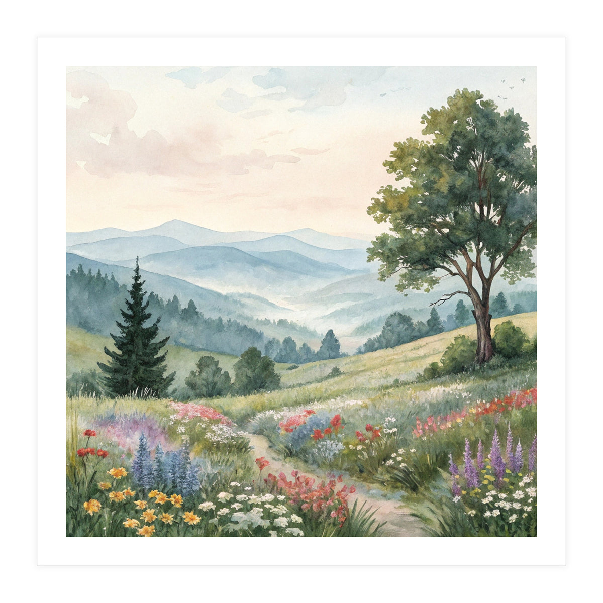 Serene Mountain Meadow Watercolor Landscape (Print Only)