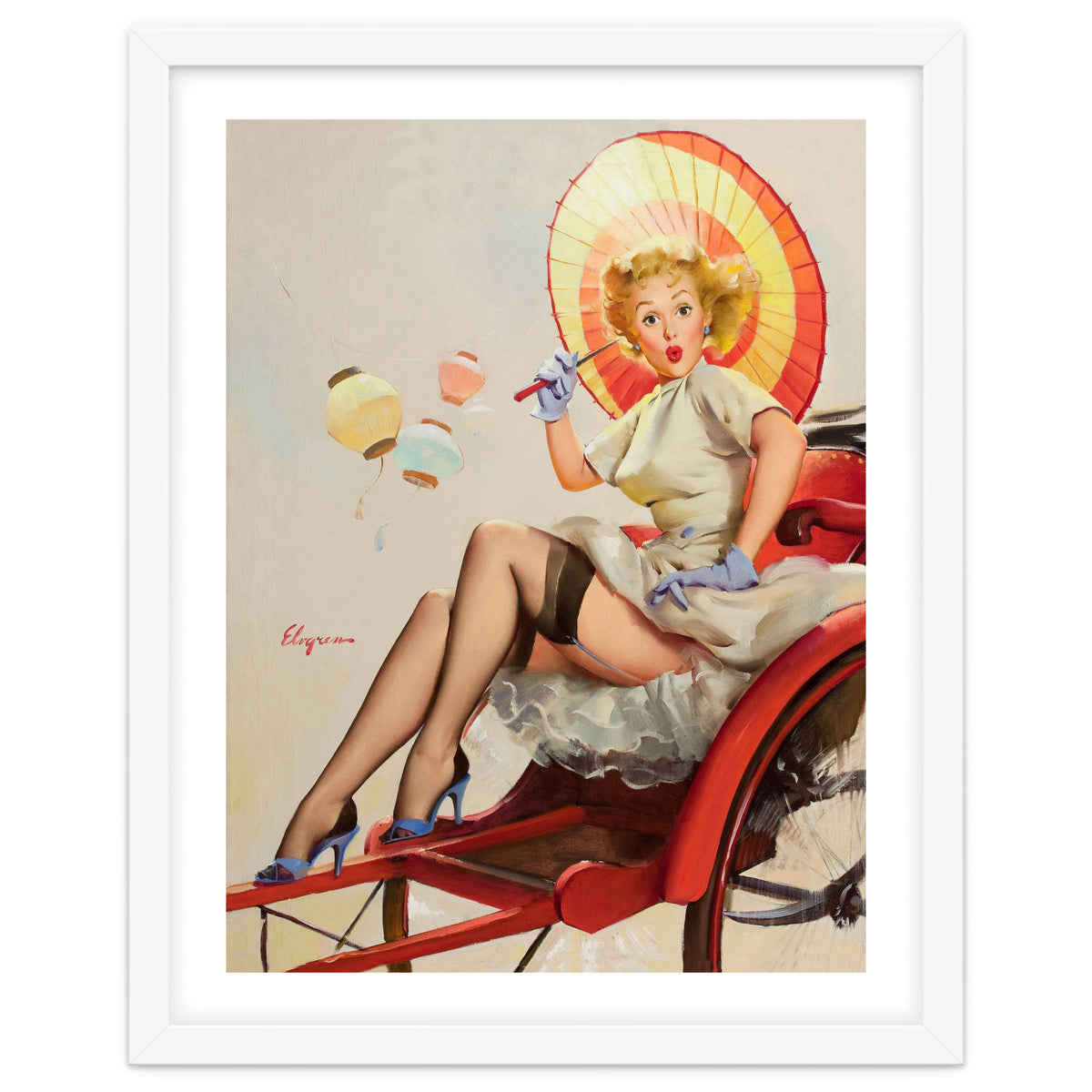 Pinup Girl In Rickshaw Experiencing Sudden Wind