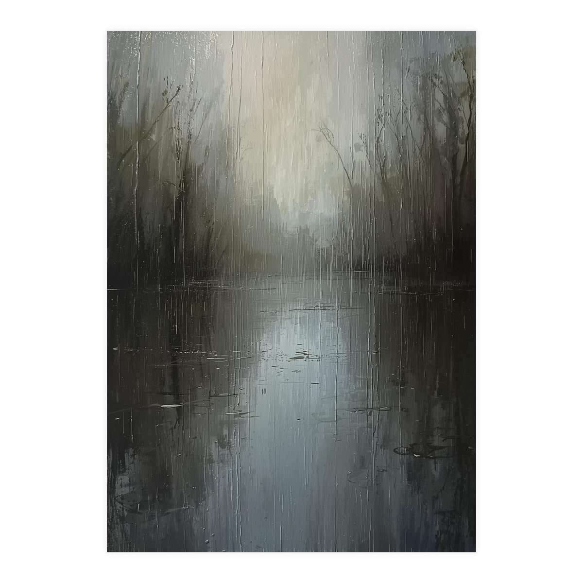 Ethereal Rainy Lake Forest Oil Painting (Print Only)