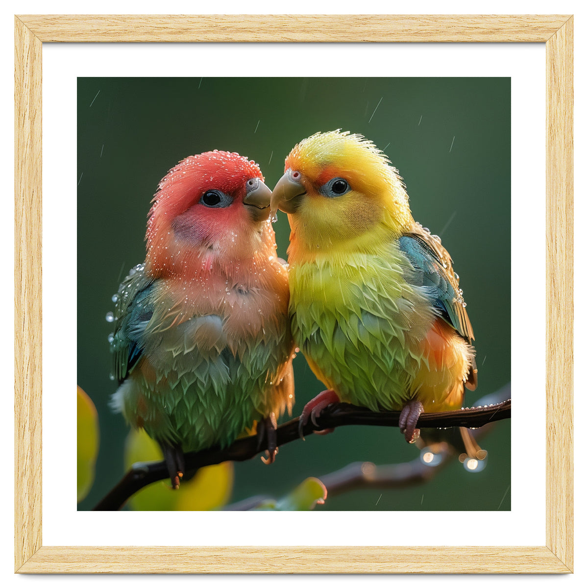 Two Lovebirds Perched On A Branch In Rain