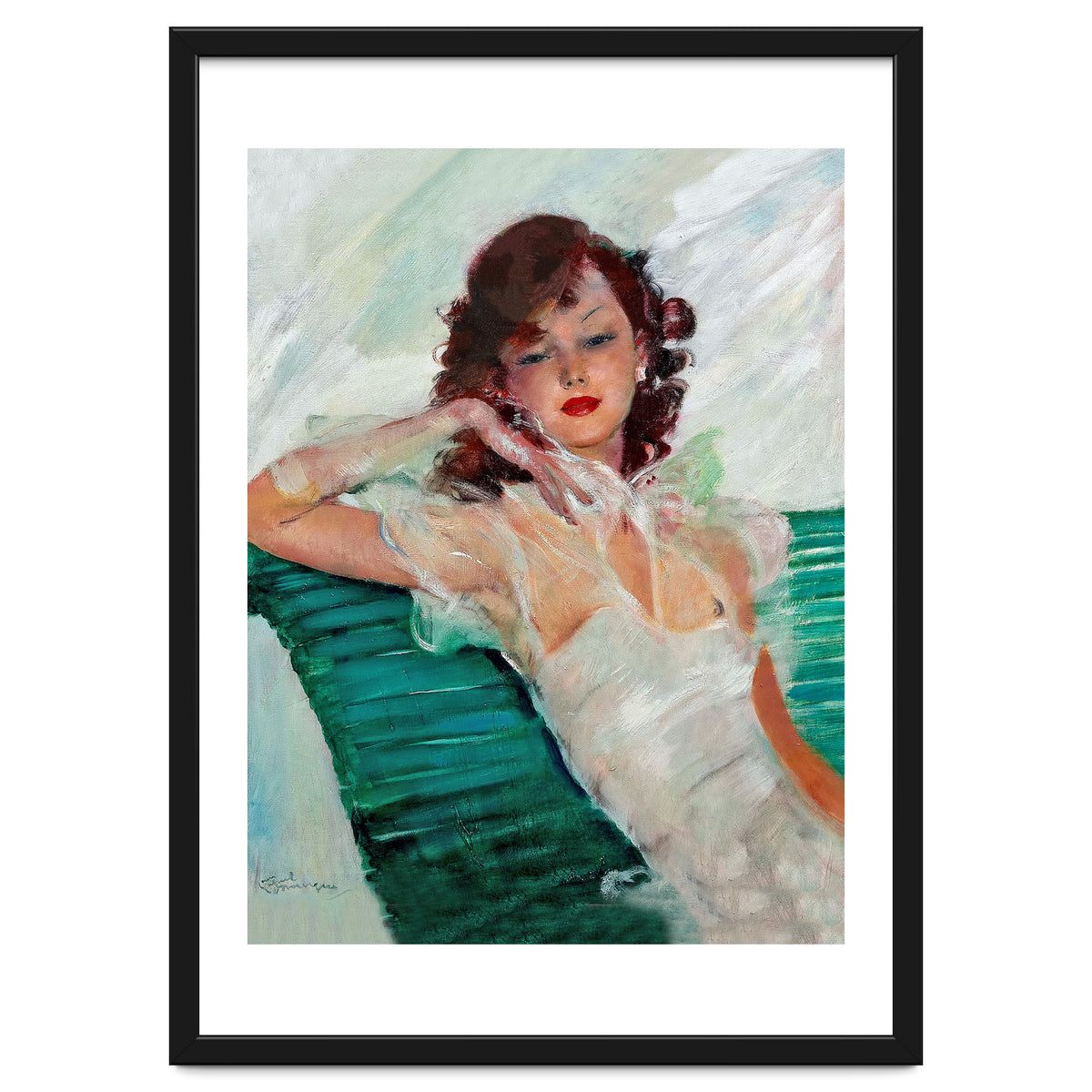 Girl Is Resting On A Green Bench, Watercolor Painting