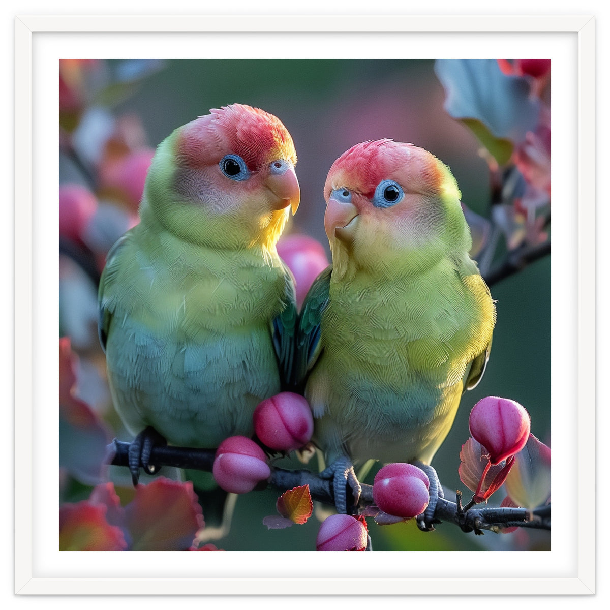 Two Lovebirds On A Branch Surrounded By Berries