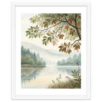 Tranquil Lakeside Forest Watercolor Painting with Overhanging Autumn Branches and Misty Mountain Reflection