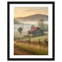 Rustic Red Roof Barn in Misty Morning Valley Landscape