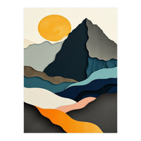 Minimalist Layered Mountain Landscape with Golden Sun (Print Only)