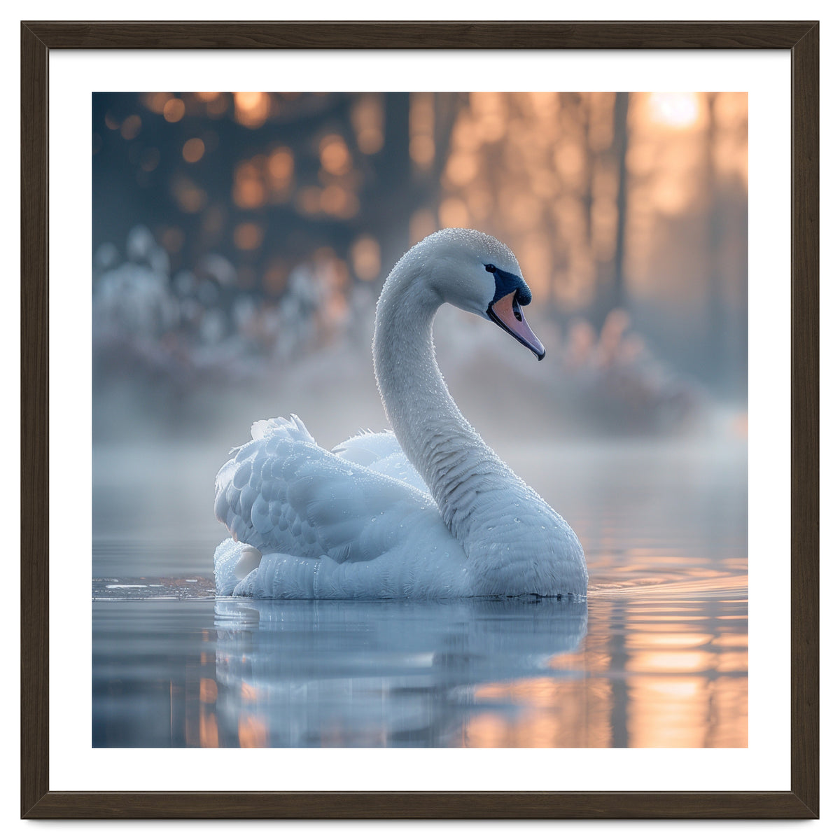 Serene White Swan Gliding On Misty Water