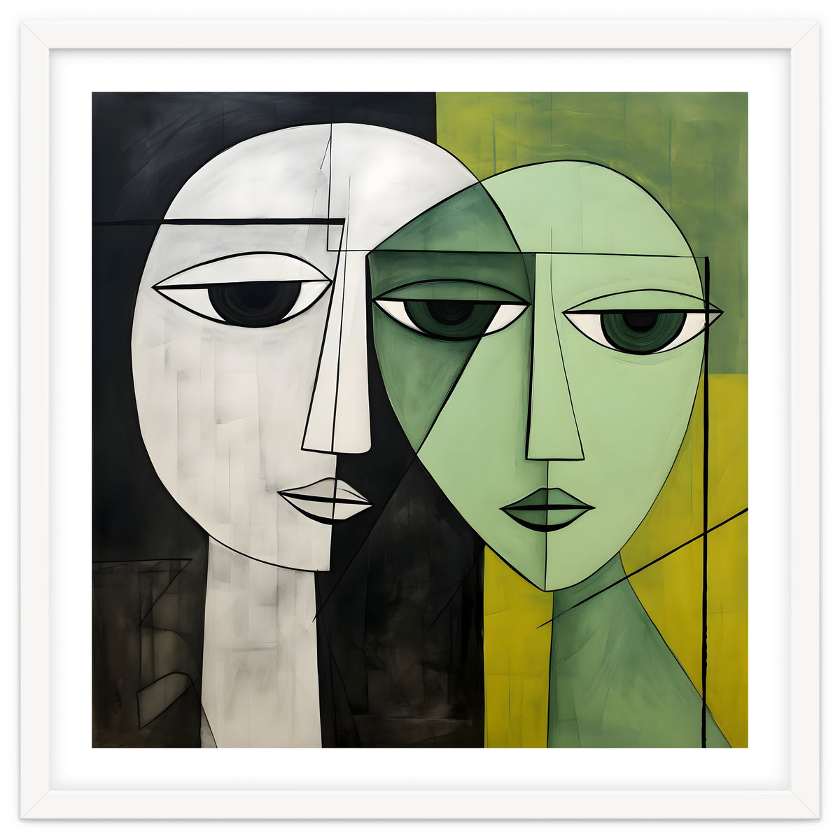 DYNAMIC FUSION, Two abstract heads converge - vibrant green tones intertwine with cool grey hues, a dance of contrast and connection.
