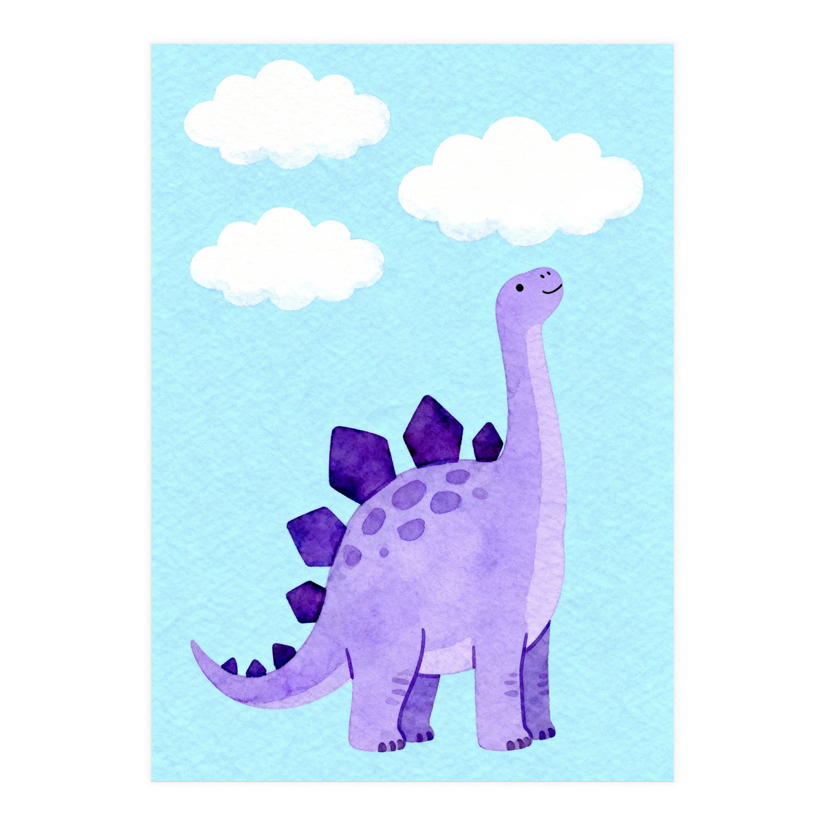 Purple Stegosaurus Watercolor Art, Cute Dinosaur Nursery Print, Dino and Clouds Illustration (Print Only)