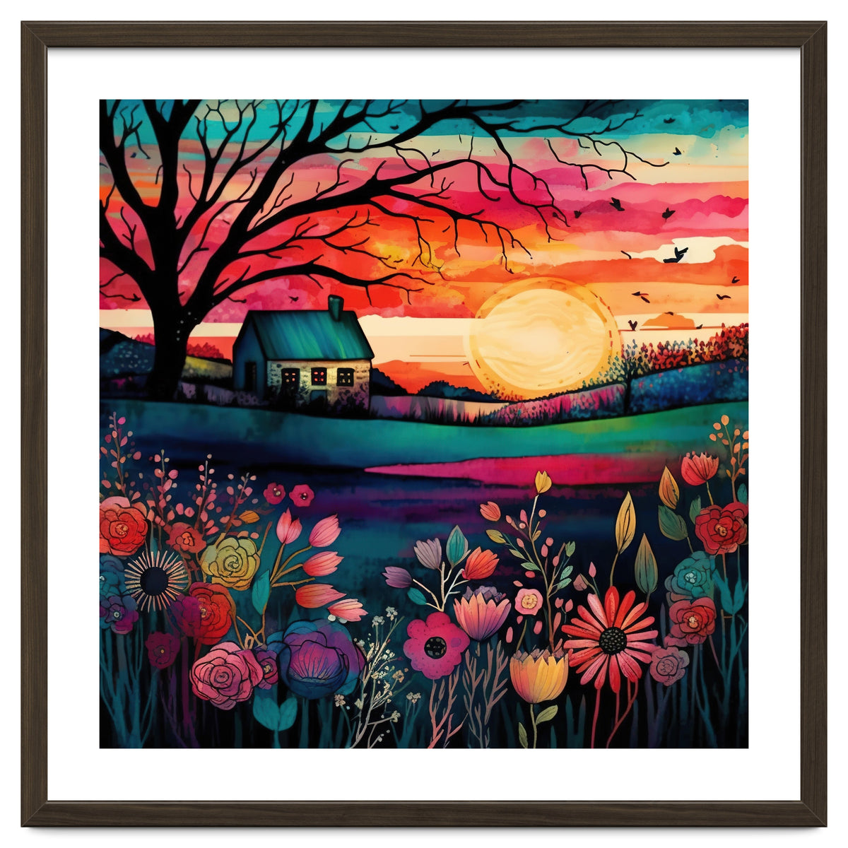 Watercolor Folk Art Sunset Landscape