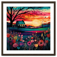 Watercolor Folk Art Sunset Landscape