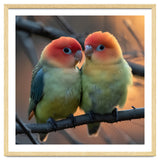Two Lovebirds Perched On A Branch At Sunset thumbnail