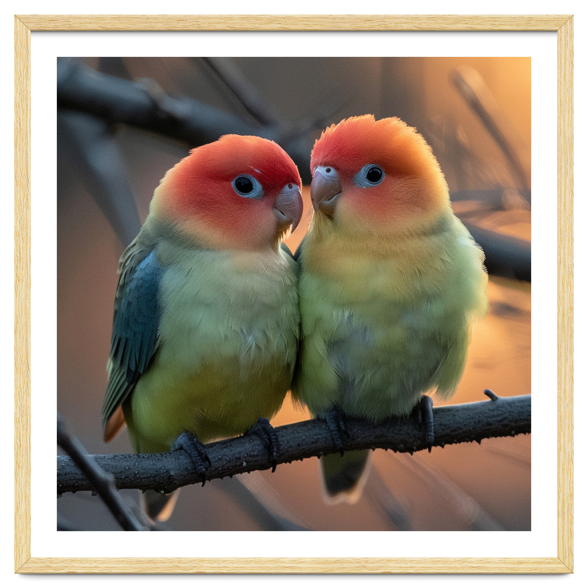 Two Lovebirds Perched On A Branch At Sunset
