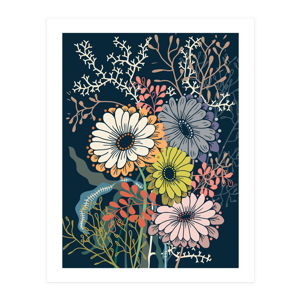 Springtime daisies dark blue (Print Only)
