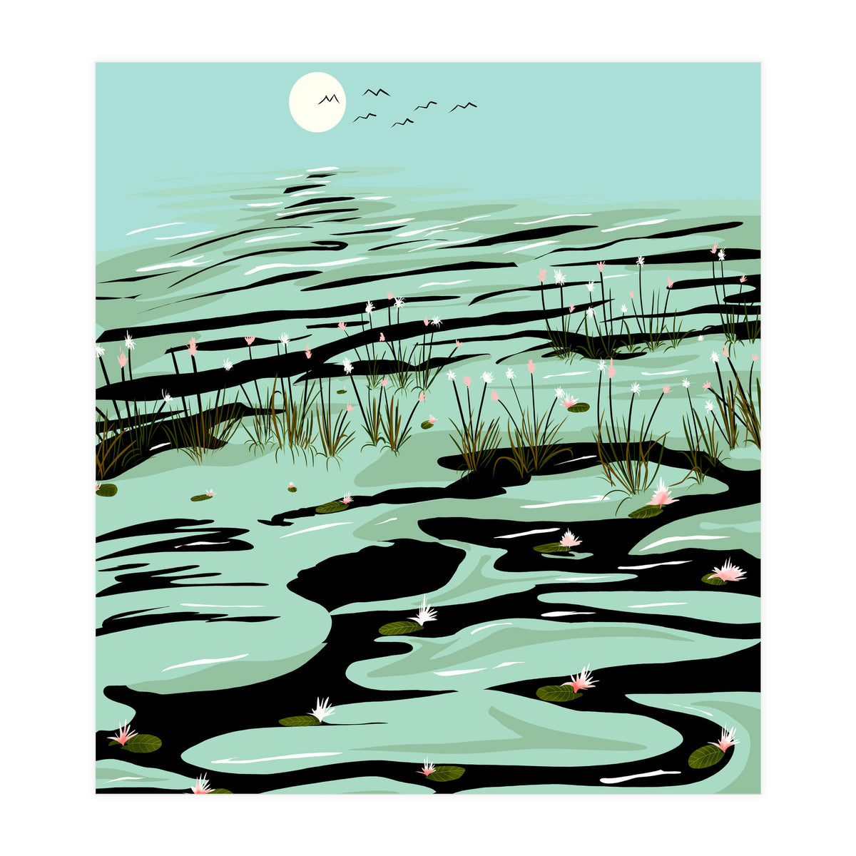 Dreamy Lake, Pastel Nature Botanical Jungle Landscape, Travel Pond Forest Plants Bohemian, Eclectic Scenic (Print Only)