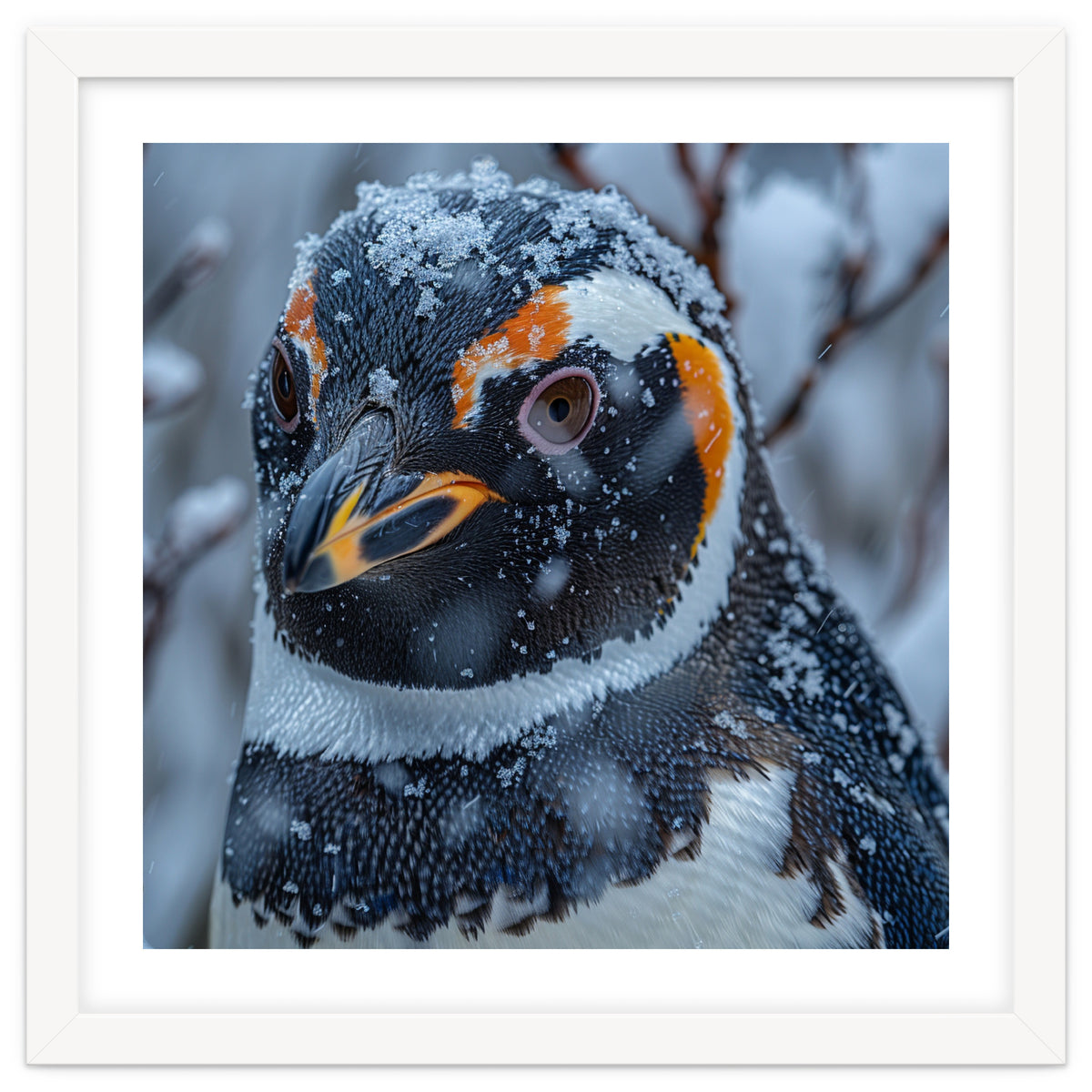 Penguin In Snow Falling Close Up Portrait